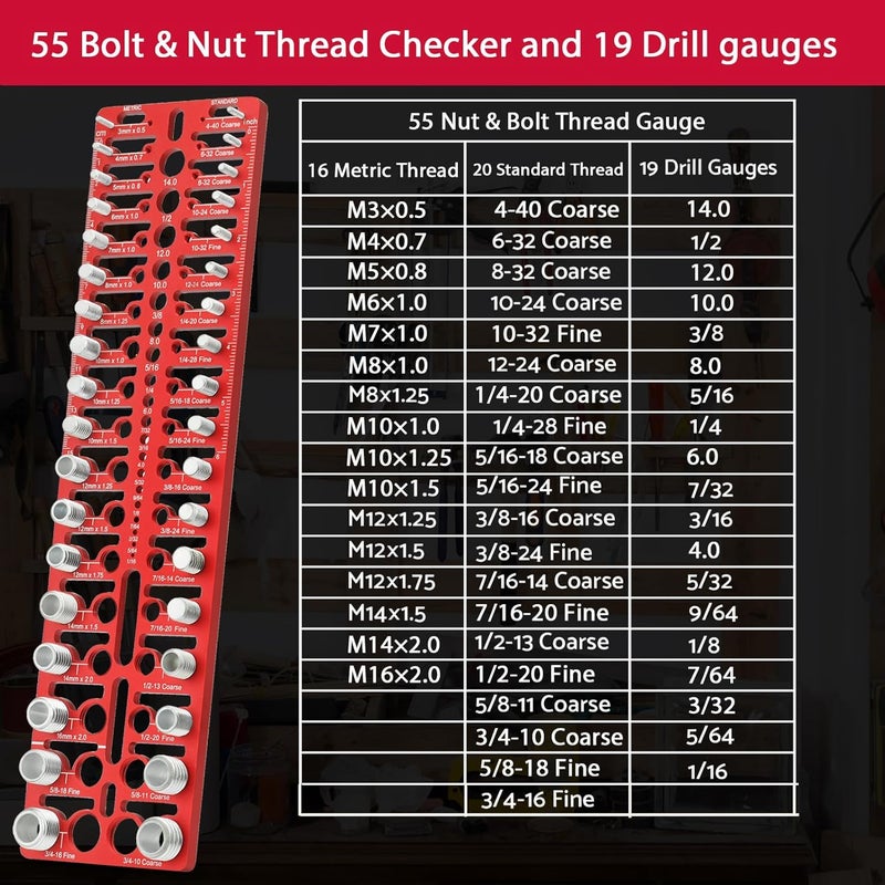 Esdabem 55 Nut and Bolt Thread Checker - Thread Checker Standard and Metric Bolt and Nut Identifier Gauge 20 Standard & 16 Metric 19 Drill Gauges Thread Gauge Screw Size and Thread Gauge Inch & Metric - Image 3